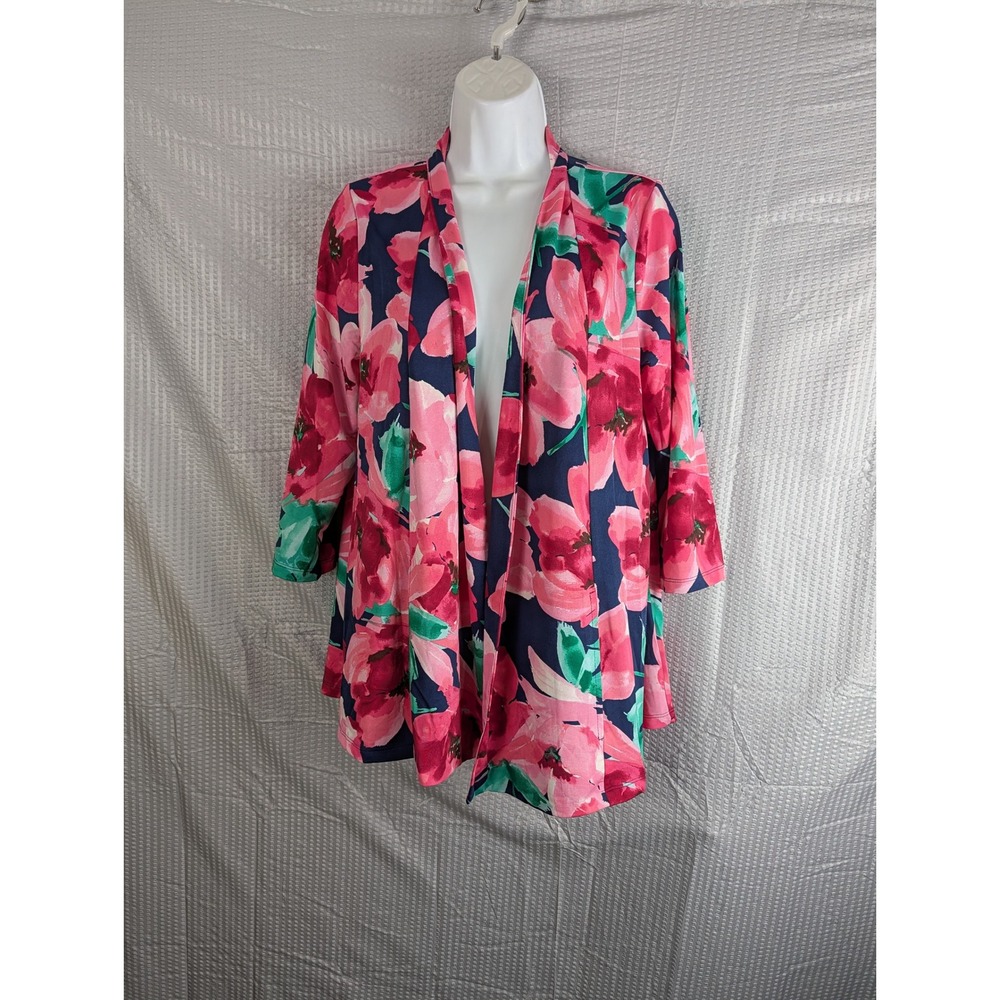 Slinky Brand Women Small Pink Navy Blue Floral Open Front Cardigan 3/4 Sleeve